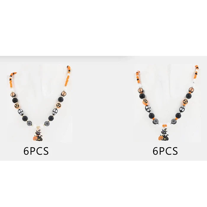 Halloween Black Cat Beaded Charm Necklace – Adjustable Spooky Pumpkin & Skull Jewelry (17"+3") (CK2380)