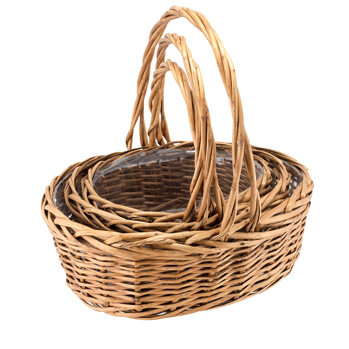 HANDLED WILLOW BASKET, SET OF 3 - Honey - Oval
