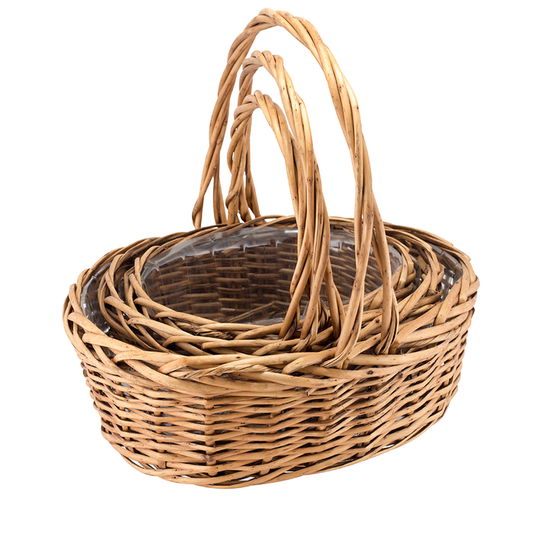 HANDLED WILLOW BASKET, SET OF 3 - Honey - Oval