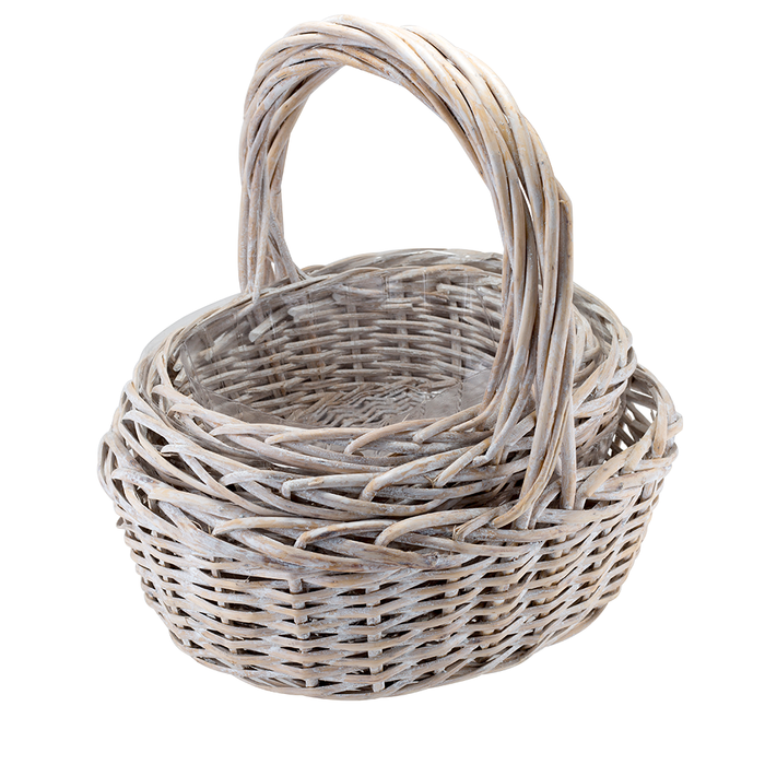 HANDLED WILLOW BASKET, SET OF 3 - White Wash - Oval