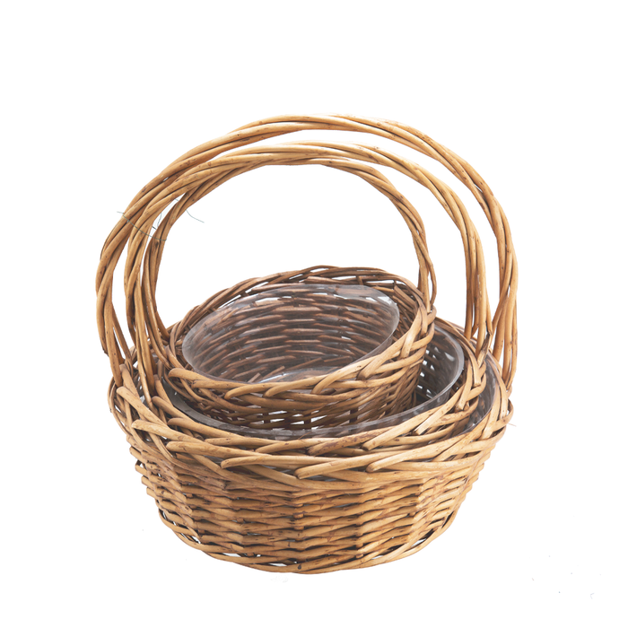 HANDLED WILLOW BASKET, SET OF 3 - Honey - Round