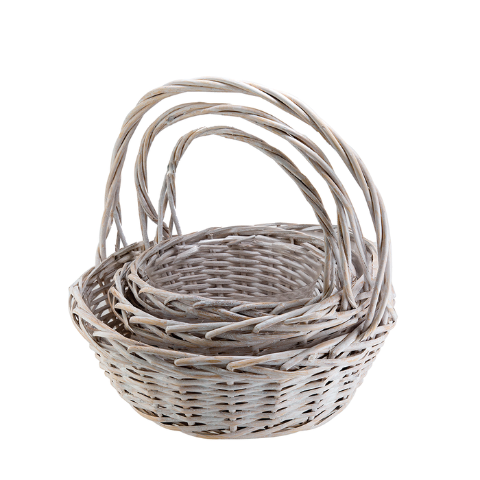 HANDLED WILLOW BASKET, SET OF 3 - White Wash - Round