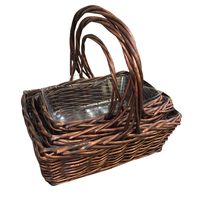 HANDLED WILLOW BASKET, SET OF 3 - Brown - Rectangle