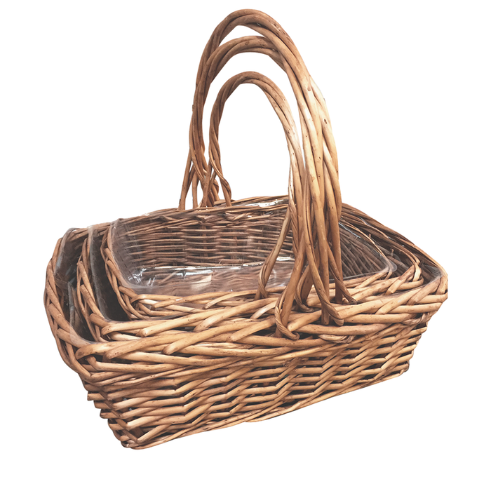 HANDLED WILLOW BASKET, SET OF 3 - Honey - Rectangle