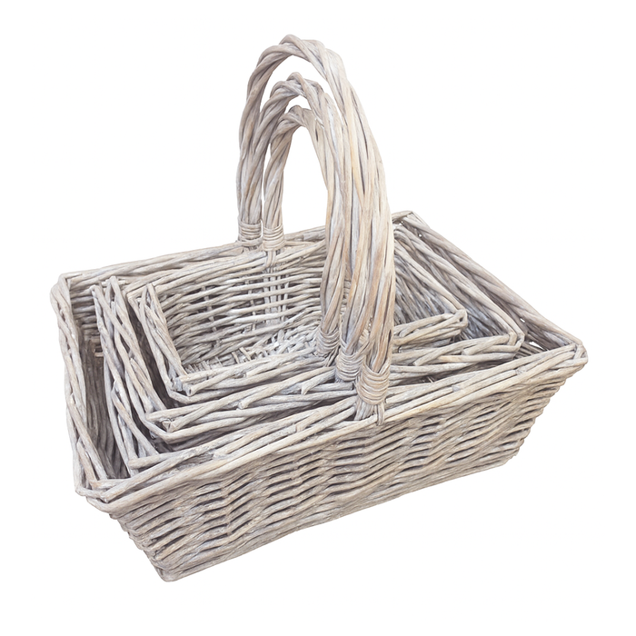 HANDLED WILLOW BASKET, SET OF 3 - White Wash - Rectangle
