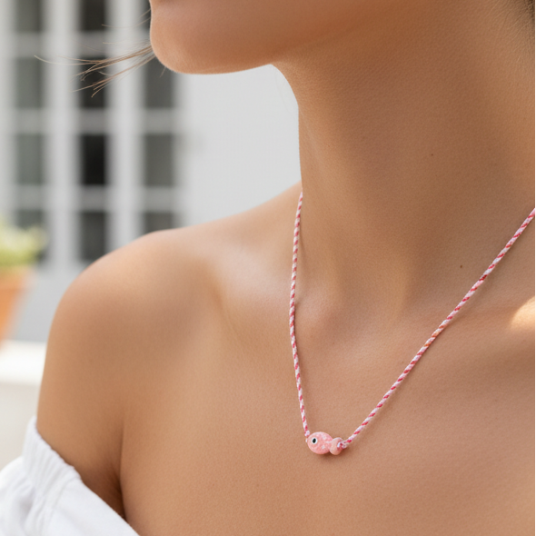 Handmade Ceramic Little Fish Braided Necklace - Whimsical Nautical Jewelry (NK8584)