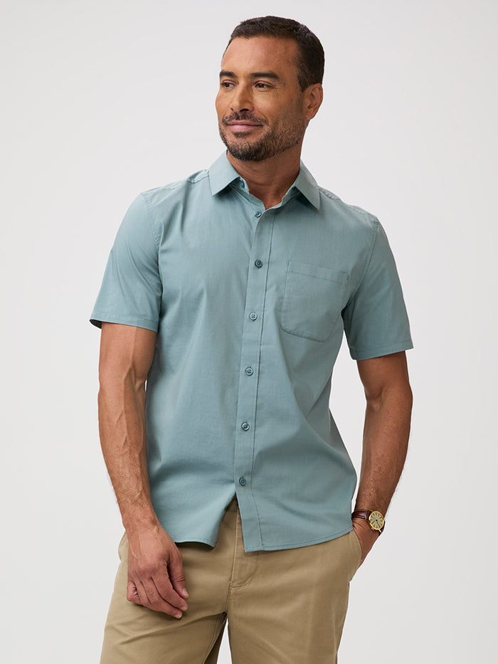 Harbor Mist shirts pair well with neutrals, denim, and warm-weather palettes