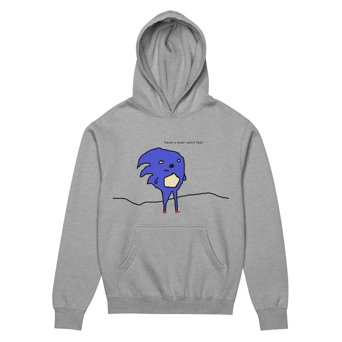 Have u evr went fast Hoodie - The jagged, MS Paint-style rendering of the "digital cobalt" (#1C39BB) speedster with "buff parchment beige" (#F2E3C6) torso accents and "pixel red" (#D92121) feet, specifically its distorted face with wide-set, mismatched eyes and a crude, shaky outline. This specific style of "bad" drawing is the immediate signifier for this entire genre of meme parody.