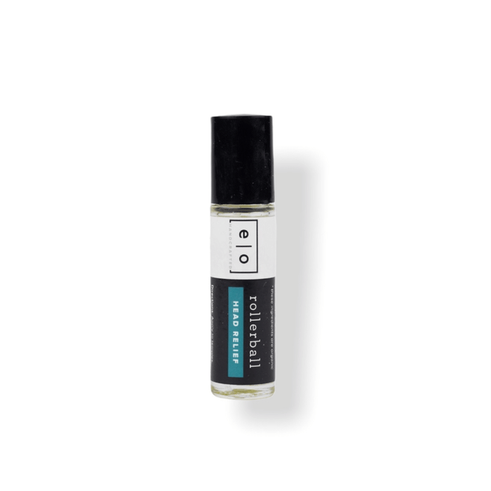 Clear glass rollerball bottle with black cap labeled for Head Relief, designed for tension support, named Head Relief Rollerball - Tension Support | Essence One, used as a wellness tool.