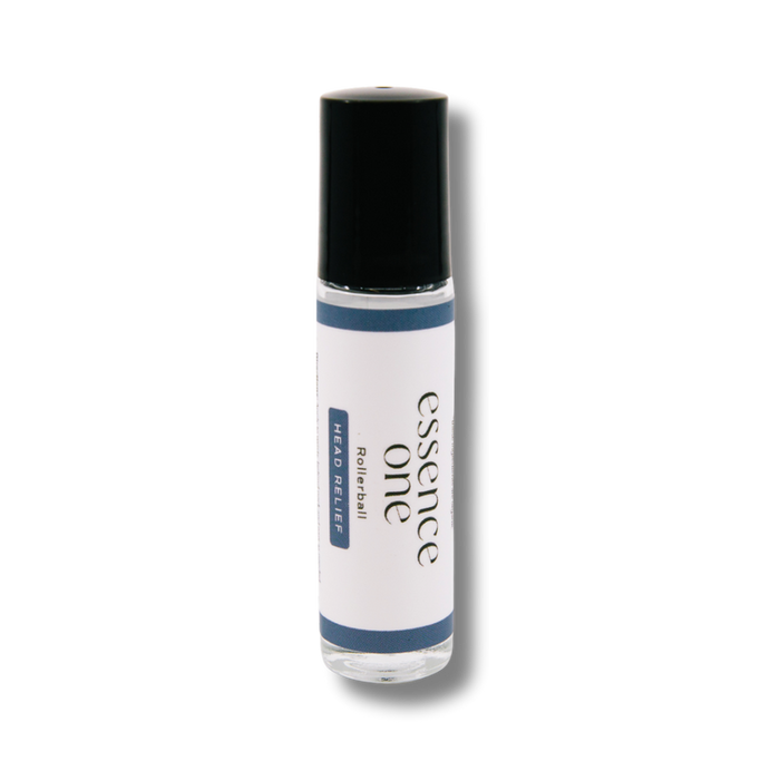 Clear glass rollerball bottle with black cap, labeled essence one, designed for head relief in the Head Relief Rollerball - Tension Support | Essence One wellness device.