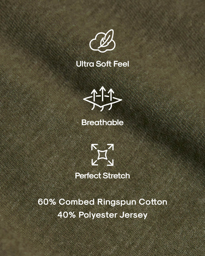 Heather Military Green Classic Crew Neck with ultra-soft, breathable, perfect stretch fabric icons.