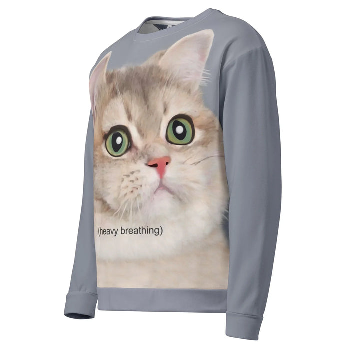Heavy Breathing Cat Sweatshirt - The extreme close-up of the fern green (#4F7942) dilated pupils paired with the bracketed lowercase text "(heavy breathing)" in black, set against toasted almond (#D2B48C) and milky cream (#FFFDD0) fur tones with a coral pink (#F08080) nose, instantly recalling the universal visual shorthand for unbridled excitement or dietary distress.
