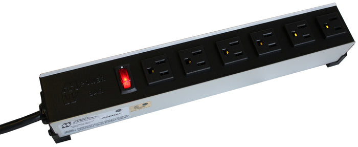 Perspective view of a 6 outlet heavy duty power bar