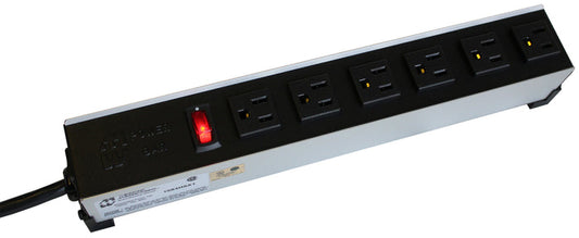 Perspective view of a 6 outlet heavy duty power bar
