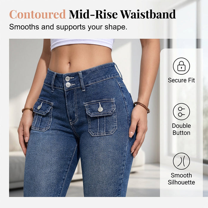 Hovelle - Pantalon Femme Capri Denim Stretch Coupe Ajustée Taille Mi Haute
