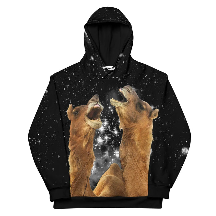 Grounded in a deep obsidian void scattered with starlight white specks and faint nebular mists, this surreal design highlights two photorealistic dromedary camels in warm desert tawny browns and sun-bleached beige. Contact us with accessibility feedback, we'd love to help!