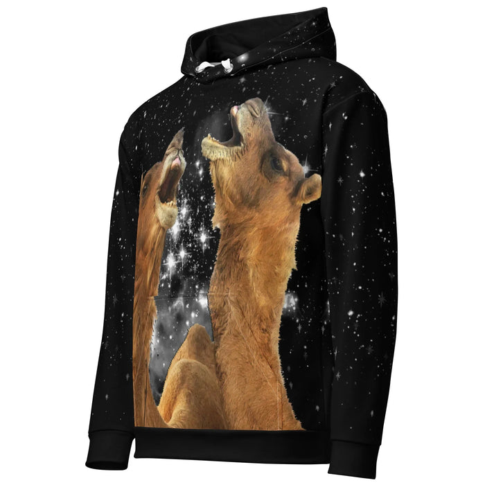 Howling Camels Hoodie - The satirical substitution of majestic wolves with awkward, tawny brown (#C19A6B) and beige camels screaming toward a deep obsidian void (#000000) cosmic backdrop dotted with luminous white (#FFFFFF) starlight, mimicking the upward-facing composition of early 2010s ironic "howling moon" viral apparel while transforming a simple yawn into a joyful, galactic opera serenade.