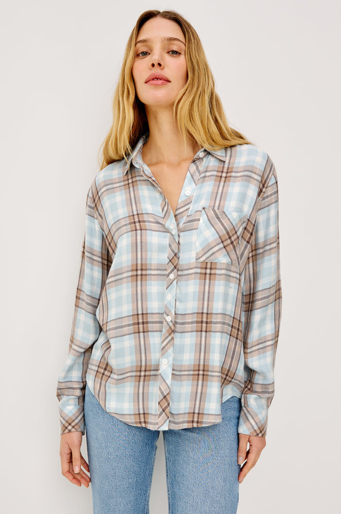Hunter Button-Up Shirt in Signature Rayon With Collar, Front Buttons, Chest Patch Pocket, and Long Sleeves in Chambray Ivory Dune Colorway - Upper Body Front View Featured on Model