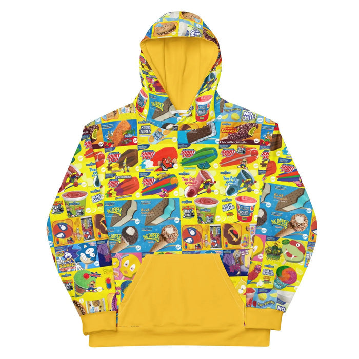 Set against an intense daffodil yellow base, this chaotic design mimics the aesthetic of a crowded vintage ice cream truck menu board. Contact us with accessibility feedback, we'd love to help!