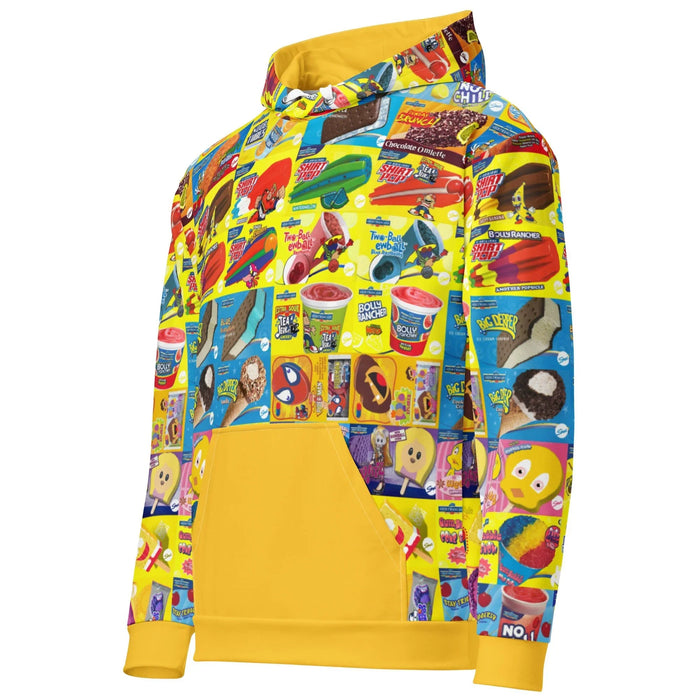 Ice Cream Hoodie - The specific distortion of the blue hedgehog popsicle featuring asymmetrical, bleeding gumball pupils set against the intense daffodil yellow (#FEE12B) background.