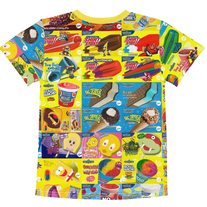 Ice Cream Kid's Tee - The misaligned gumball eyes on the "cobalt blue speedster" (#0047AB), instantly recalling the disappointment and delight of unwrapping a distorted frozen hero, set against the "high-voltage lemon yellow (#FFF44F)" background.