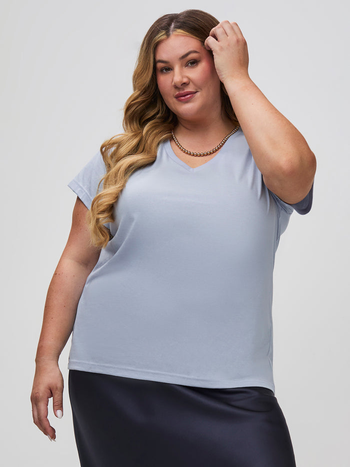 Vanessa is 5'10" and wears a size 2X # Women's Icicle V-Neck Tee | Fresh Clean Threads