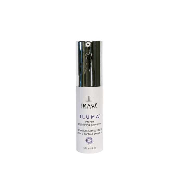 Bottle of ILUMA intense brightening eye crème | IMAGE Skincare with a sleek silver pump dispenser, designed for targeted skincare and brightening the eye area.