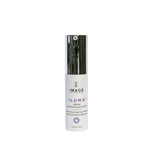 Bottle of ILUMA intense brightening eye crème | IMAGE Skincare with a sleek silver pump dispenser, designed for targeted skincare and brightening the eye area.