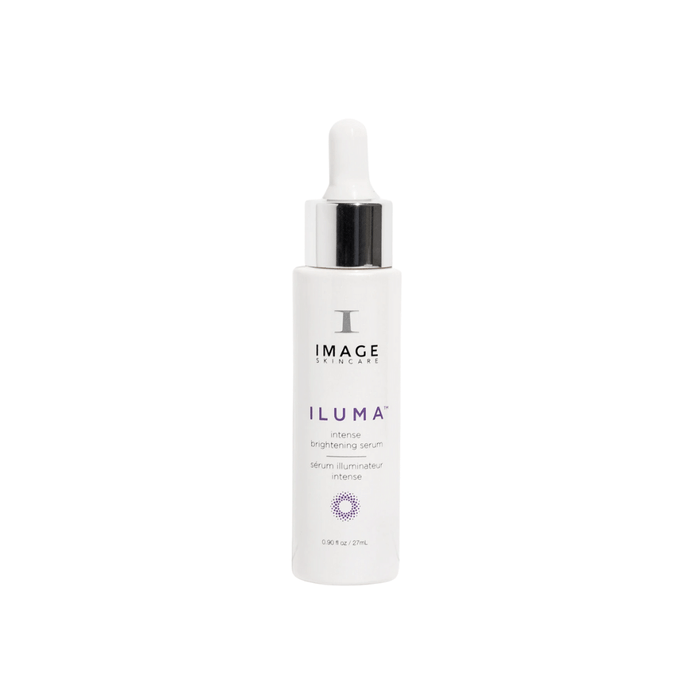 Bottle of ILUMA® intense brightening serum | IMAGE Skincare with dropper cap, designed for skincare and brightening treatments.