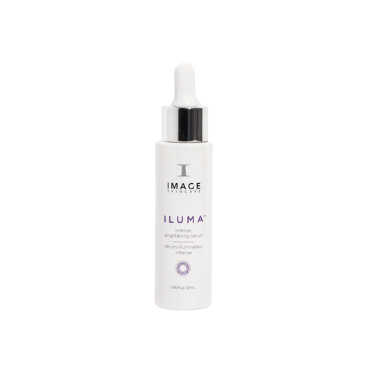 Bottle of ILUMA® intense brightening serum | IMAGE Skincare with dropper cap, designed for skincare and brightening treatments.