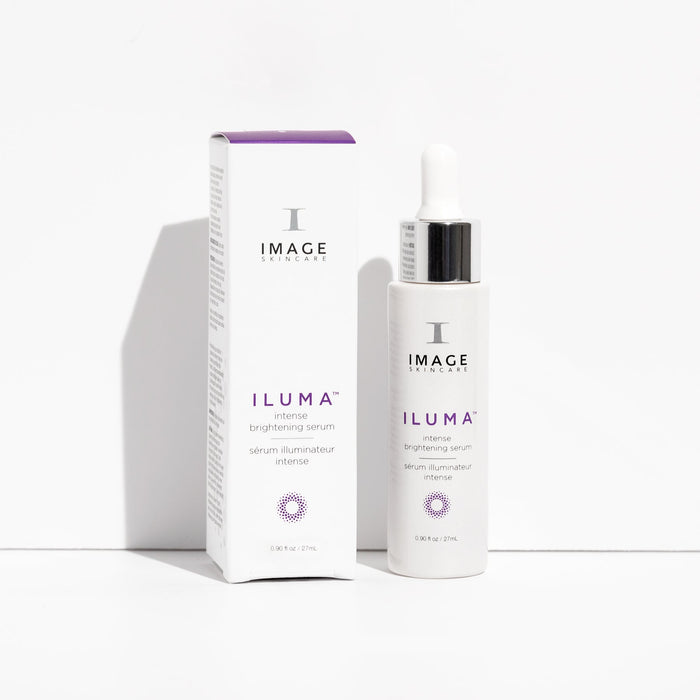 A white dropper bottle and matching box of ILUMA® intense brightening serum | IMAGE Skincare, designed for skincare and brightening with clean, minimalist packaging.