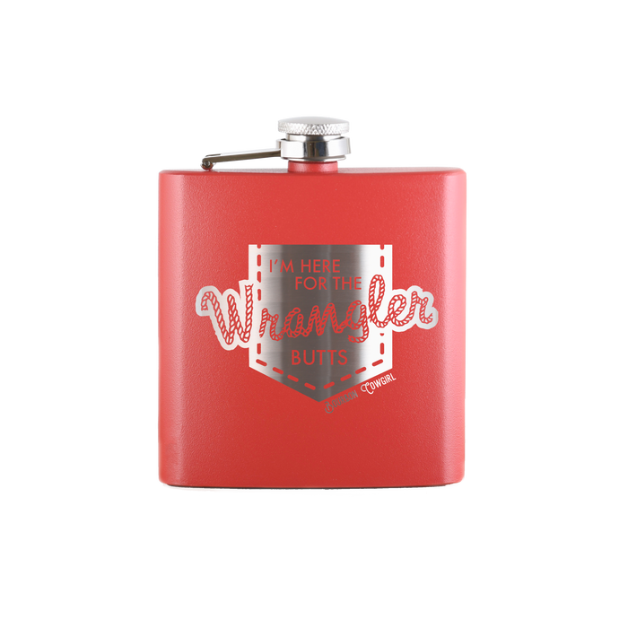 Red flask with Wrangler Butts design