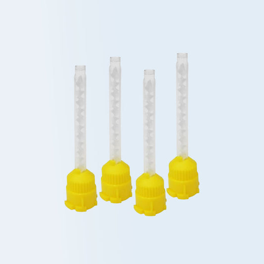 Four dental impression mixing tips with yellow base and clear top