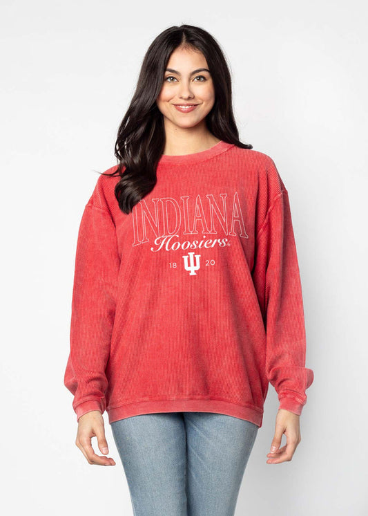Indiana Hoosiers Unisex Crimson Oversized Premium cotton corded fleece Sweatshirt with Super soft hand feel, vintage wash and ribbed crew neckline, cuffs, and hemline