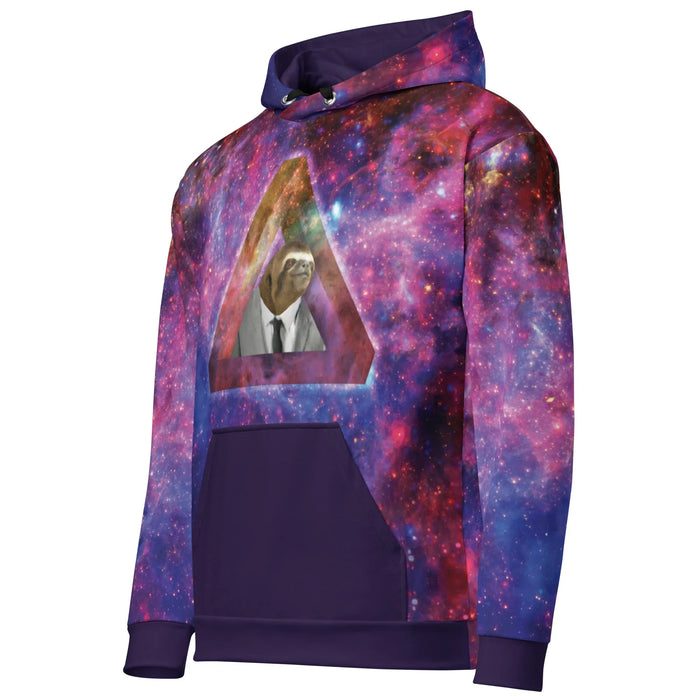 Indie Spacesloth Hoodie - The juxtaposition of the "magenta nebula clouds (#C71585)" against the impossible Penrose triangle framing the heather-grey suited sloth, set amid "cosmic indigo depths (#2E1A47)" and "cerulean ether (#4169E1)".