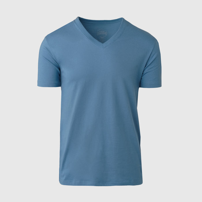 Indigo Classic V-Neck T-shirt, short-sleeved, laid flat.
