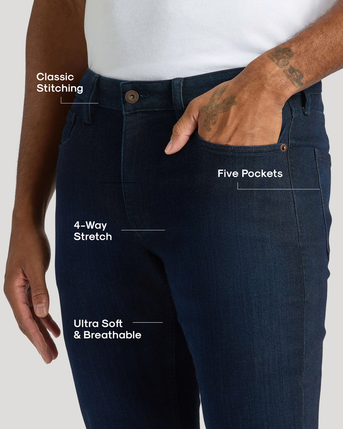 Indigo Wash Slim Comfort Stretch Jeans with classic stitching and five pockets.