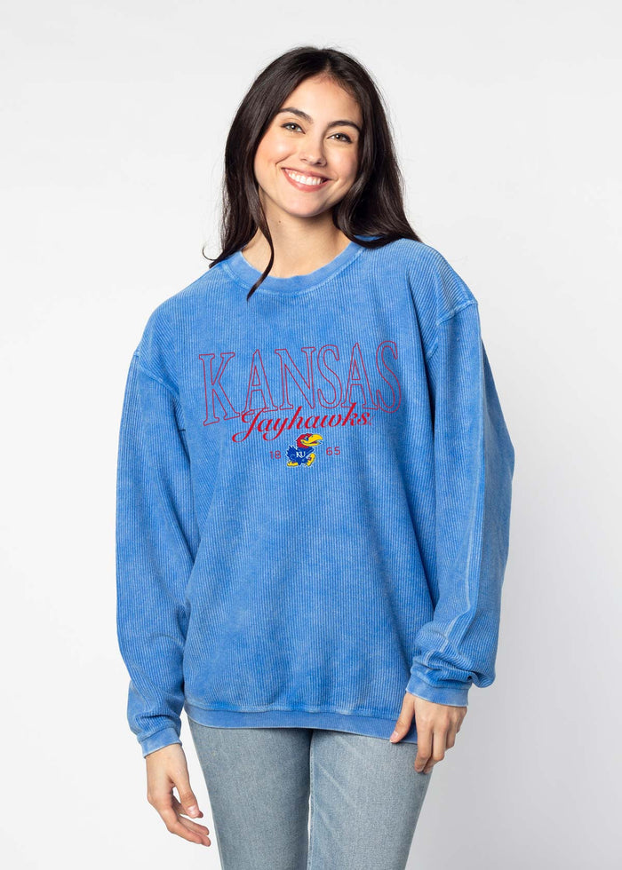Kansas Jayhawks Unisex Royal Oversized Premium cotton corded fleece Sweatshirt with Super soft hand feel, vintage wash and ribbed crew neckline, cuffs, and hemline