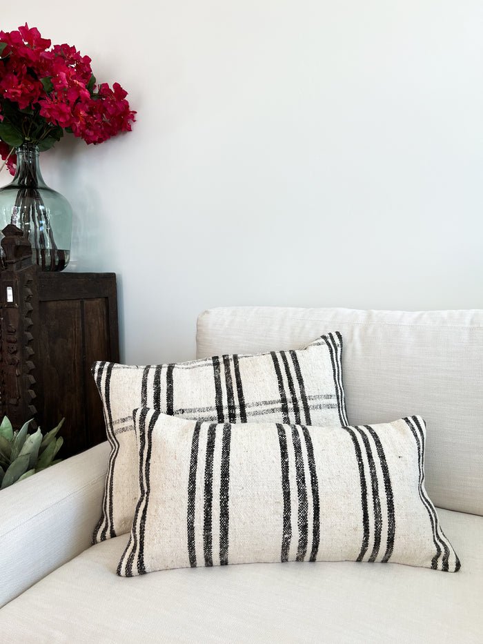 traditional Handmade Turkish kilim pillow cover made with vintage rugs 12x24 black and white stripe