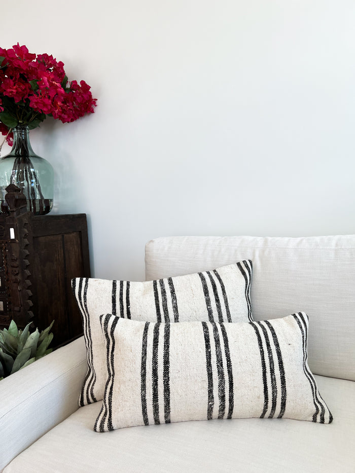 traditional Handmade Turkish kilim pillow cover made with vintage rugs 12x24 black and white stripe