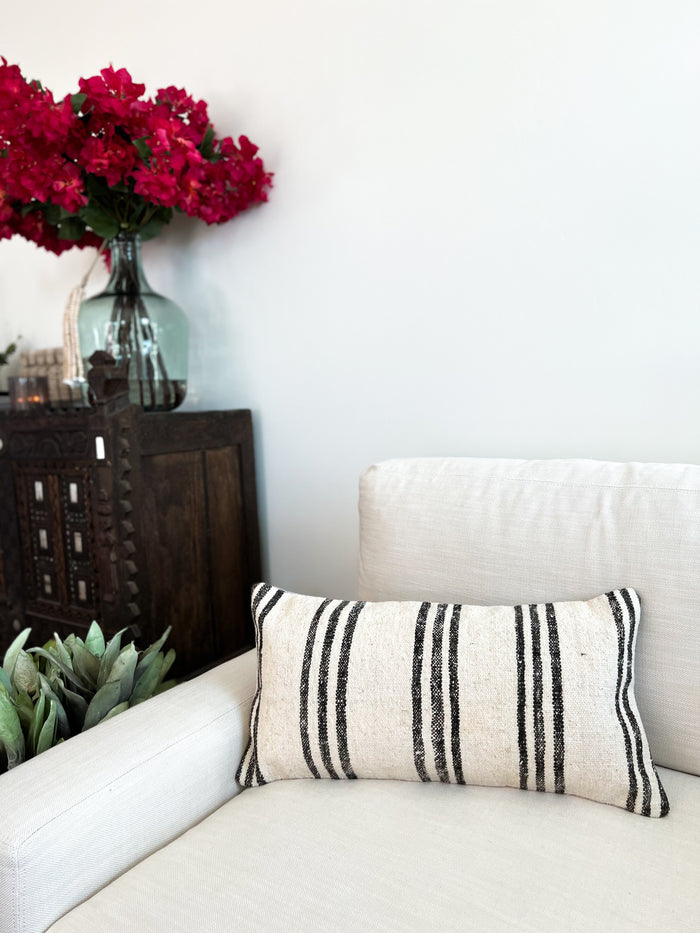 traditional Handmade Turkish kilim pillow cover made with vintage rugs 12x24 black and white stripe