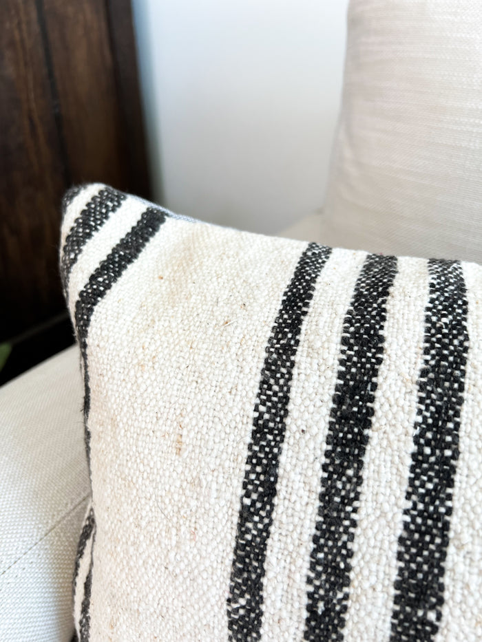traditional Handmade Turkish kilim pillow cover made with vintage rugs 12x24 black and white stripe