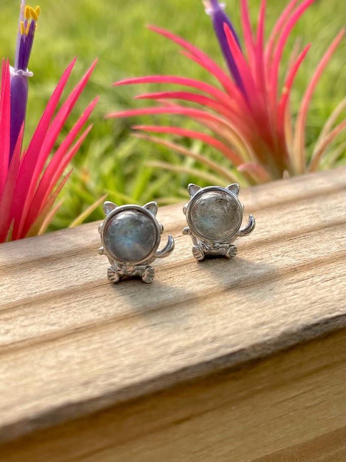 Labradorite Astronaut Kitty Crystal Earrings