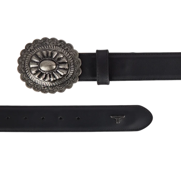 Black woven belt with turquoise buckle