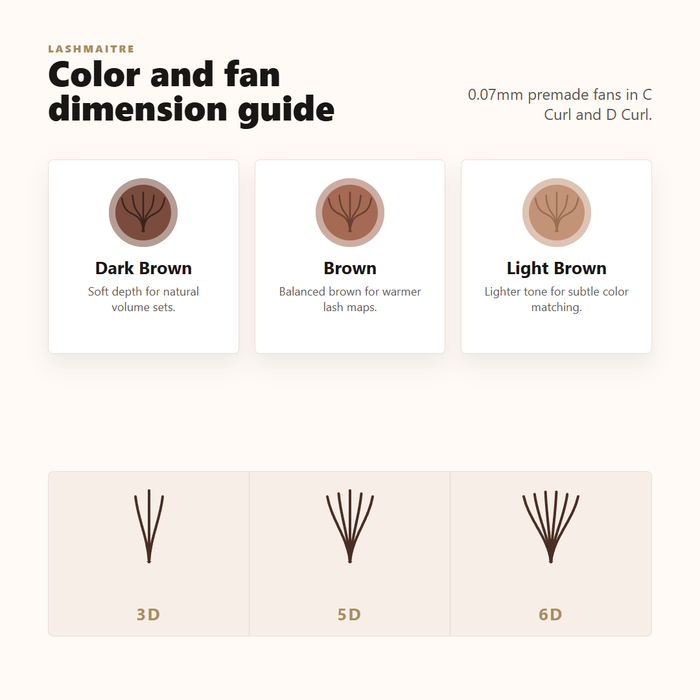 LASHMAITRE Colored Premade Volume Fans - Brown & Accent Lash Fans color and fan dimension guide