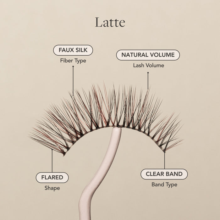 Latte False Eyelashes with faux silk fibers, natural volume, flared shape, and a clear lash band.