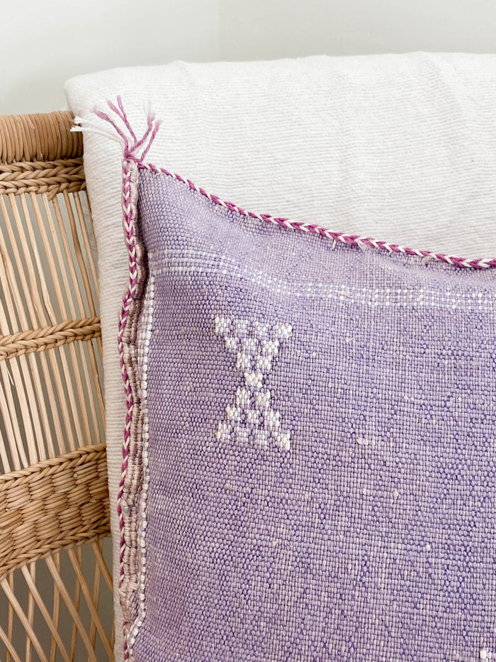 Artisanal Handmade Moroccan embroidered cactus silk sabra lumbar pillow purple handwoven