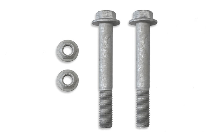 Two galvanized steel bolts with hexagonal heads and threaded ends, accompanied by two matching hexagonal nuts, all placed against a white backgrounD.