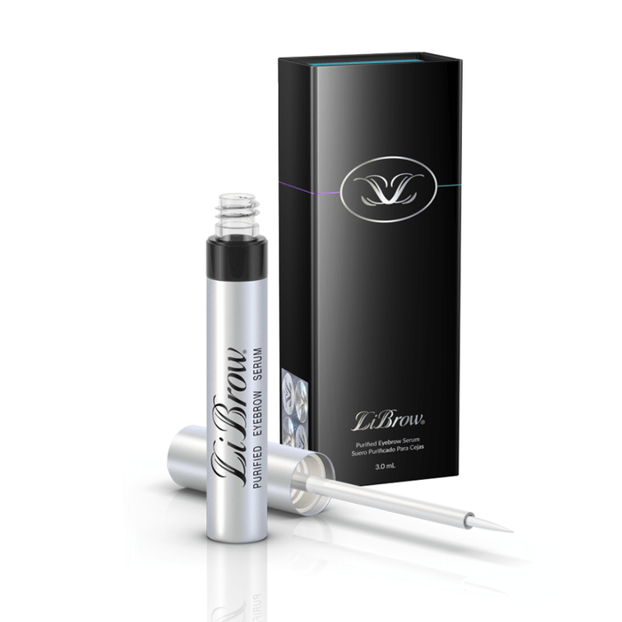 Silver tube of LiBrow® Purified Eyebrow Serum (3 & 6 Month Supply) | LiLash Beauty with applicator wand, next to sleek black product box on white background