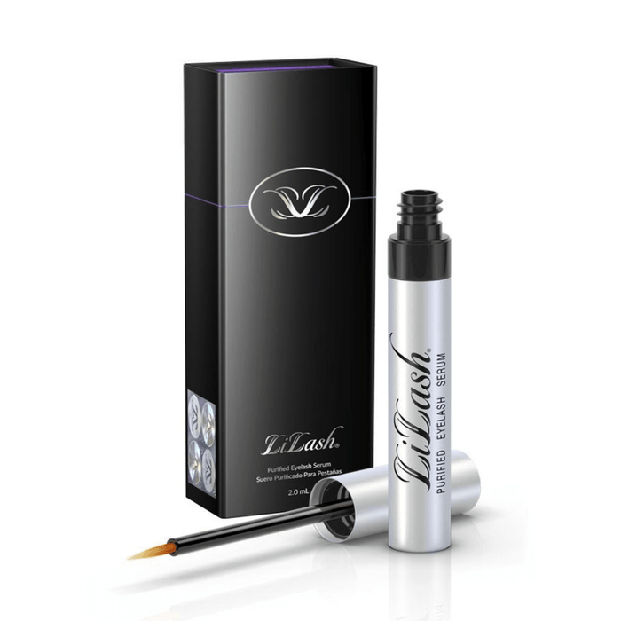 LiLash Purified Eyelash Serum (3 & 6 Month Supply) | LiLash Beauty in a sleek silver tube with black and white packaging, featuring an applicator brush for eyelash enhancement.